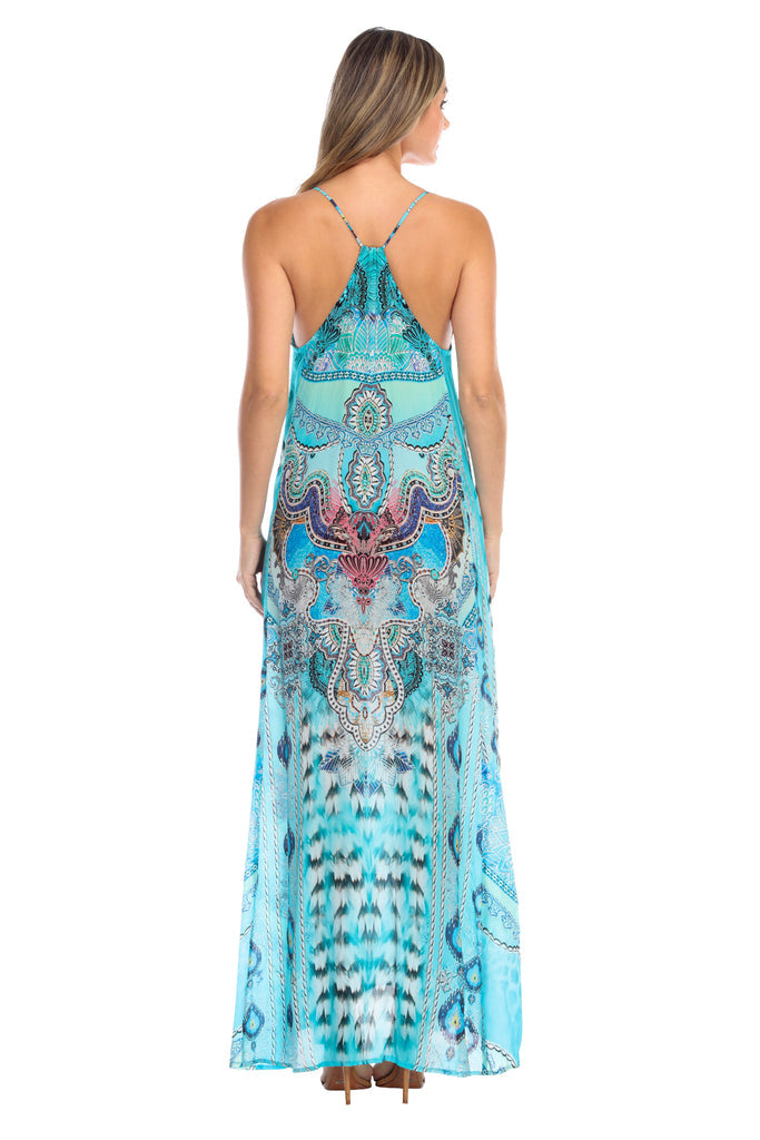 LA MODA EGYPTIAN QUEEN BOHEMIAN T-BACK MAXI DRESS WITH FRONT POCKETS